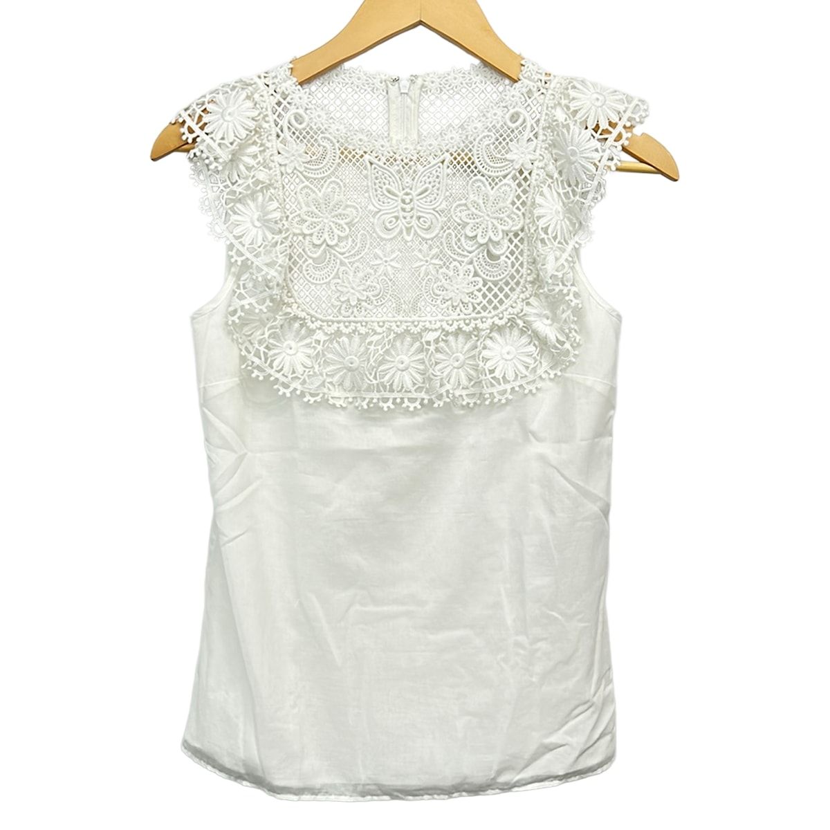 RED VALENTINO(レッドバレンチノ) ノースリーブカットソー サイズ38 M レディース美品 - 白 クルーネック/レース/フラワー(花) 9,100円