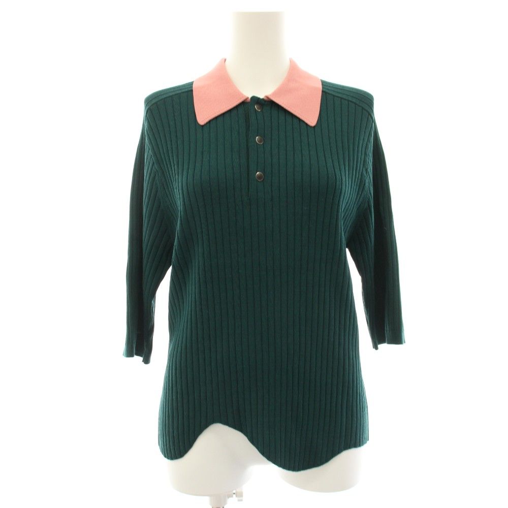 トーガ TOGA ARCHIVES TOO Wave knit polo shirt ポロシャツ リブニット カットソー 半袖 変形 七分袖 L 緑 グリーン TZ241-XJ905 /HN