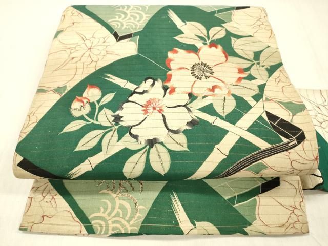 平和屋着物＊夏物　アンティーク　大正ロマン　全通柄九寸名古屋帯　刺繍　冊子竹垣花文　銀彩　正絹　逸品　DABD6541cm
