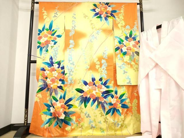 平和屋着物●豪華振袖・長襦袢(無双仕立て)セット　駒刺繍　草花文　暈し染め　金彩　正絹　逸品　AABH3294ck
