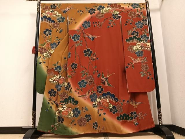 平和屋着物●豪華振袖　紅型　花鳥文　暈し染め　正絹　逸品　未使用　AABH3863ph