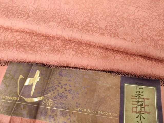 平和屋着物●上質な色無地　辻が花地紋　真朱色　丹後縮緬　反端付き　正絹　逸品　AABH3302ck