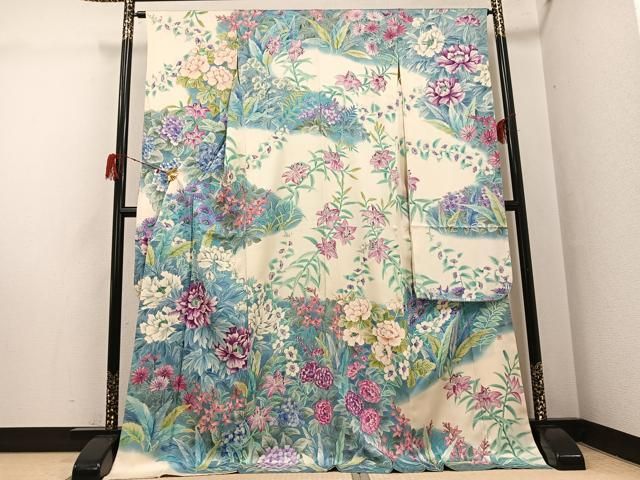平和屋着物●豪華振袖　作家物　手描き　草花文　暈し染め　ロング丈　正絹　逸品　AABH3867ph