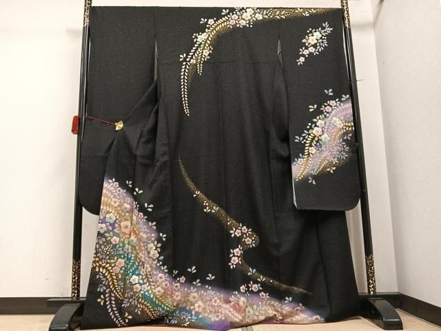 平和屋着物●豪華振袖　辻が花　絞り　暈し染め　黒地　金彩　金通し地　正絹　逸品　AABH3871ph