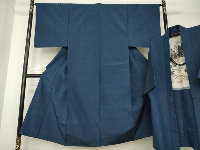 平和屋着物●男性　髭紬　アンサンブル　色無地　青褐色　正絹　逸品　AABH3306ck メンズ 平和屋着物○男性 髭紬 アンサンブル 色無地 青褐色 正絹 逸品