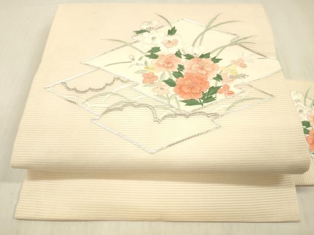 平和屋着物＊夏物　九寸名古屋帯　駒刺繍　総刺繍　草花文　銀糸　正絹　逸品　DABD6558cm