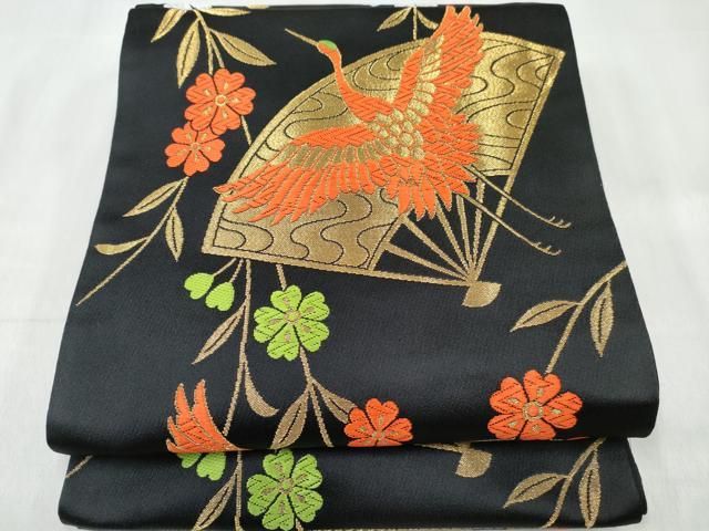 平和屋着物[]女の子　子供　全通柄袋帯　扇面飛鶴花文　黒地　金糸　未使用　DABE7331ma