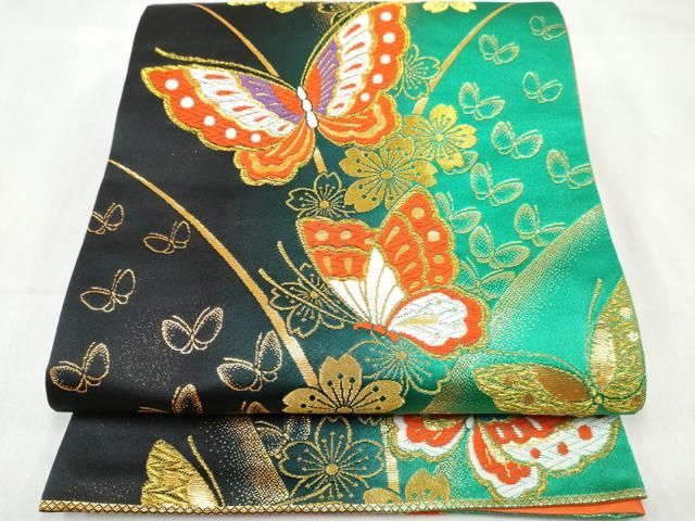 平和屋着物[]女の子　子供　全通柄袋帯　花蝶文　黒地　金糸　逸品　DABE7411ma