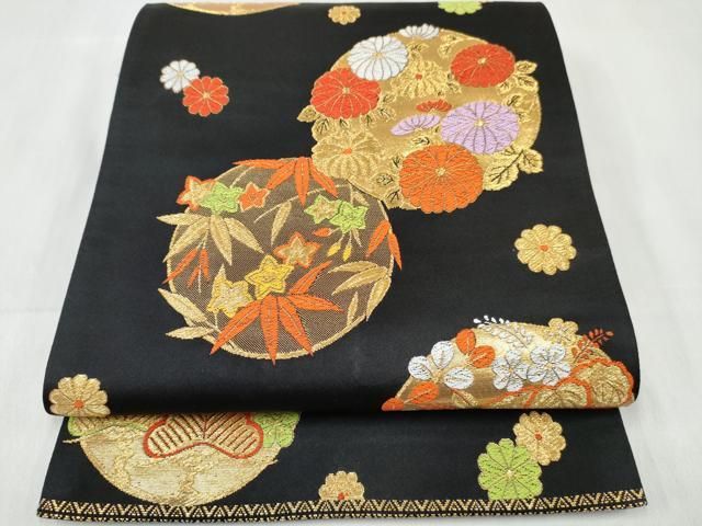 平和屋着物[]女の子　子供　全通柄袋帯　松竹梅　花丸文　黒地　金糸　逸品　DABE7412ma
