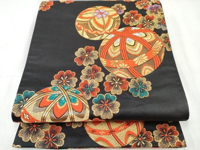平和屋着物[]女の子　子供　全通柄袋帯　鞠花文　黒地　金銀糸　逸品　DABE7416ma