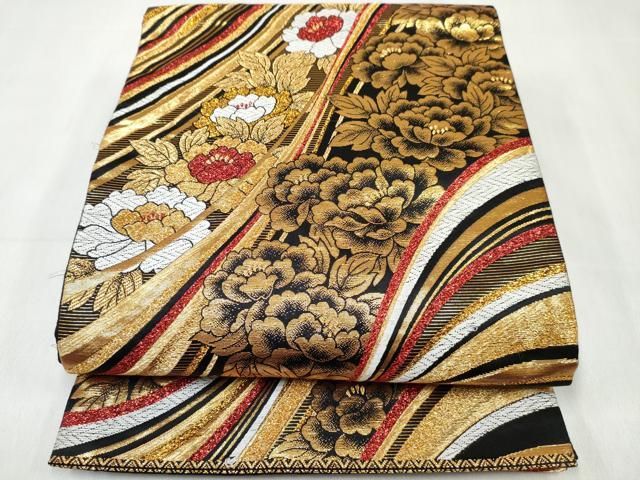 平和屋着物[]女の子　子供　全通柄袋帯　流水花文　黒地　金糸　逸品　DABE7421ma