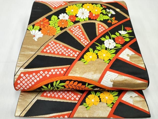 平和屋着物[]女の子　子供　全通柄袋帯　片輪車花文　黒地　金糸　逸品　DABE7422ma