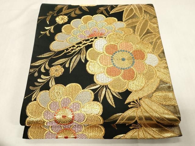 平和屋着物●六通柄袋帯　草花文　黒地　金銀糸　正絹　逸品　CABG9580dy