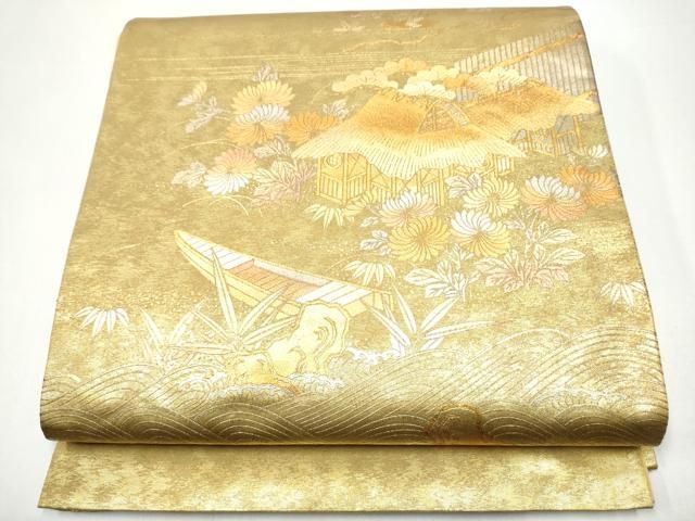 平和屋着物●金彩友禅　卓越技能者・名工・和田光正　太鼓柄袋帯　風景草花文　金銀彩　引箔　正絹　逸品　CABH5019hy