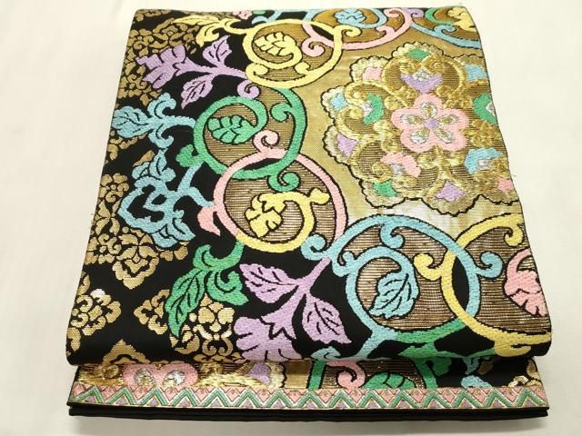 平和屋着物●京の名門　じゅらく謹製　六通柄袋帯　唐花宝相華文　黒地　金糸　正絹　逸品　CABH6487dy　