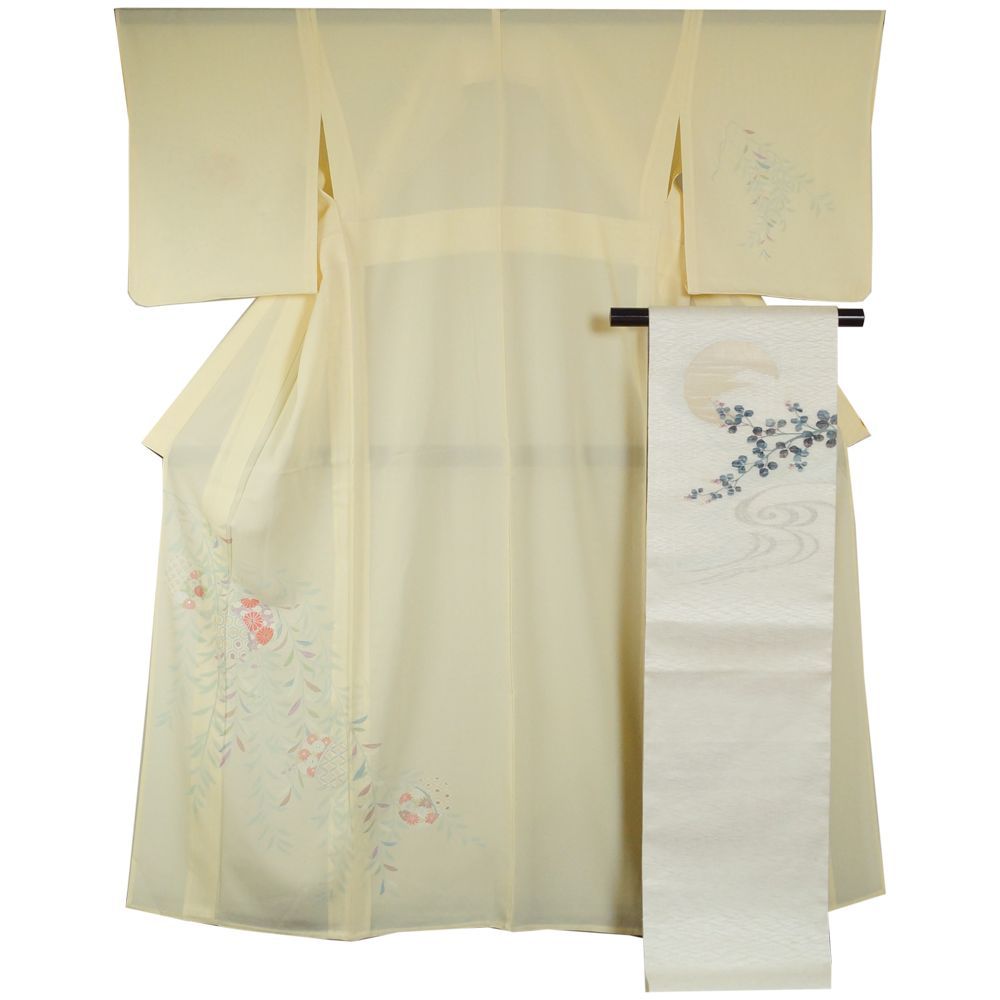 夏着物セット 絽 訪問着・袋帯 2点 セット 蹴鞠に柳葉模様 Mサイズ 