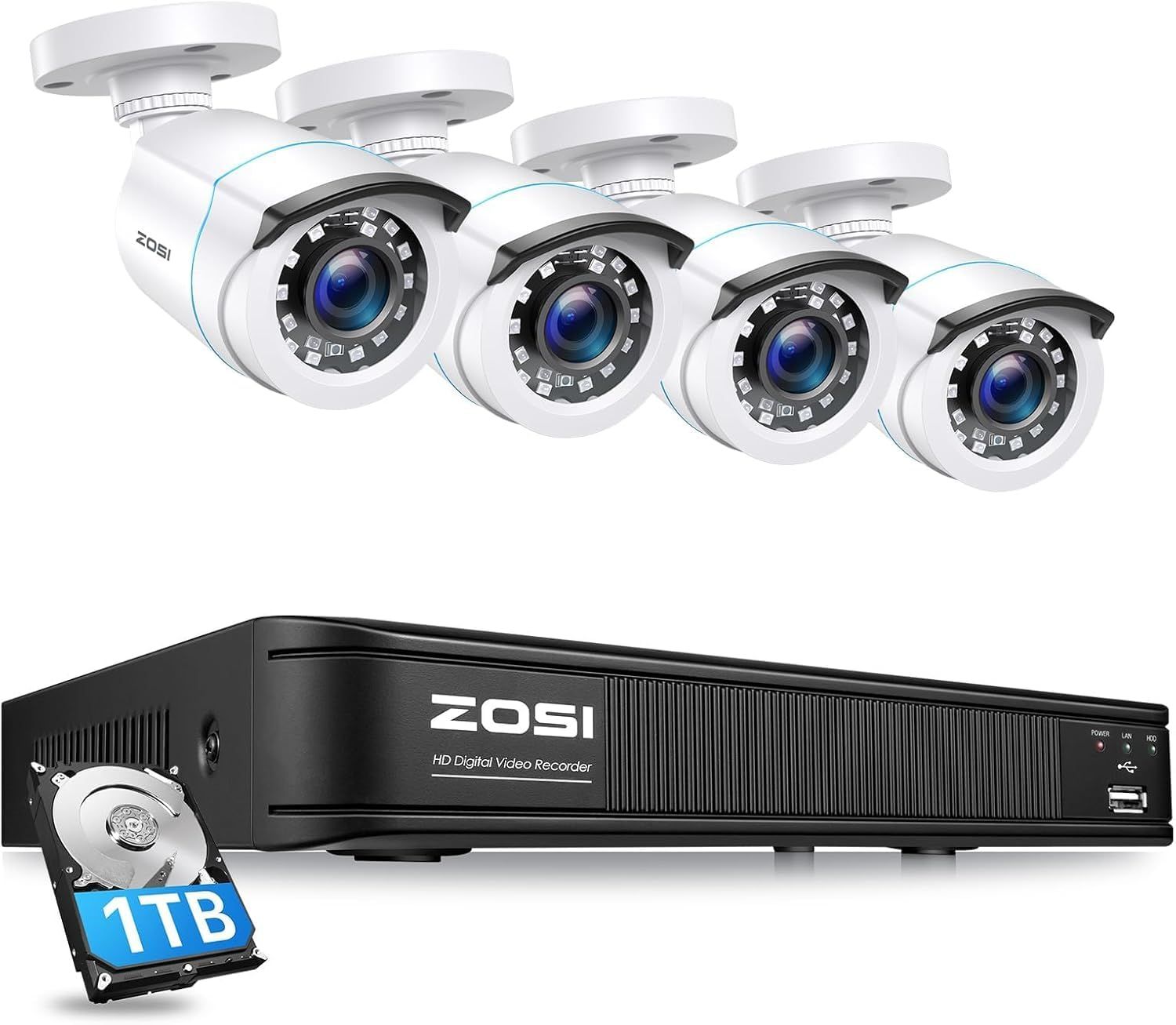 ZOSI 200万画素防犯カメラ4台セット CCTV監視カメラ 防犯レコーダー フルハイビジョン 1080P バレット防犯カメラ4台 8CH 1TB HDD H.265+ App通知機能 室内/室外 日本語対応so 40d747f9