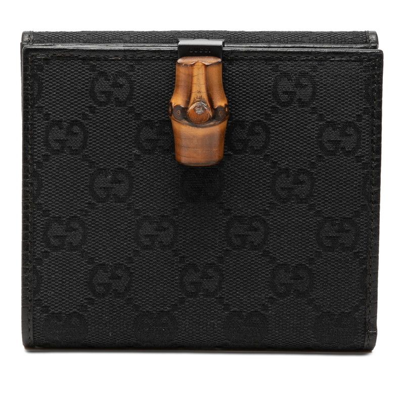 グッチ GGキャンバス バンブー 二つ折り財布 112523 ブラック キャンバス レザー レディース GUCCI【1-0270049】