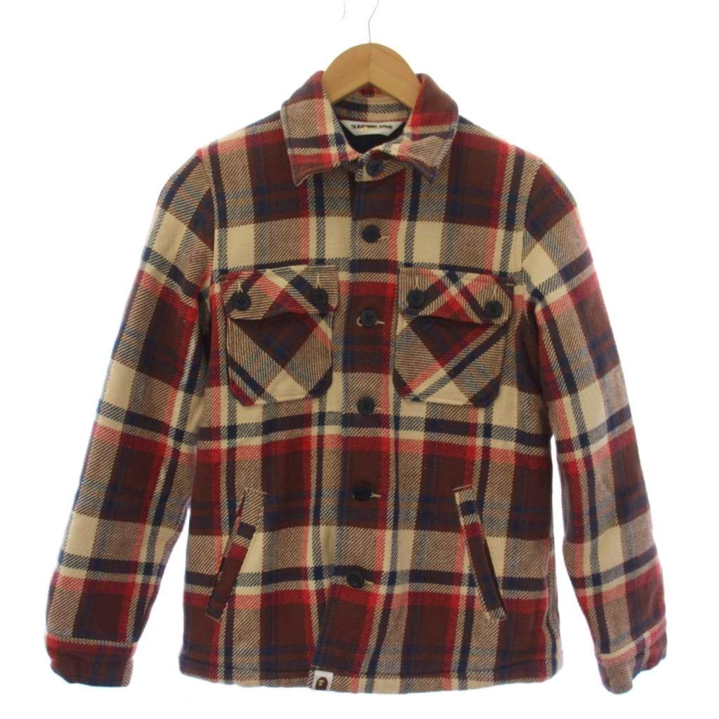 アベイシングエイプ A BATHING APE 復刻 CPOジャケット チェック柄 XS 赤 ベージュ /BM