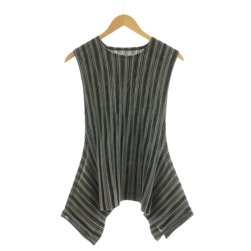 オムプリッセイッセイミヤケ HOMME PLISSE ISSEY MIYAKE プリーツ ベスト プルオーバー ストライプ柄 黒 ブラック 白 ホワイト HP26-FE331 /KU