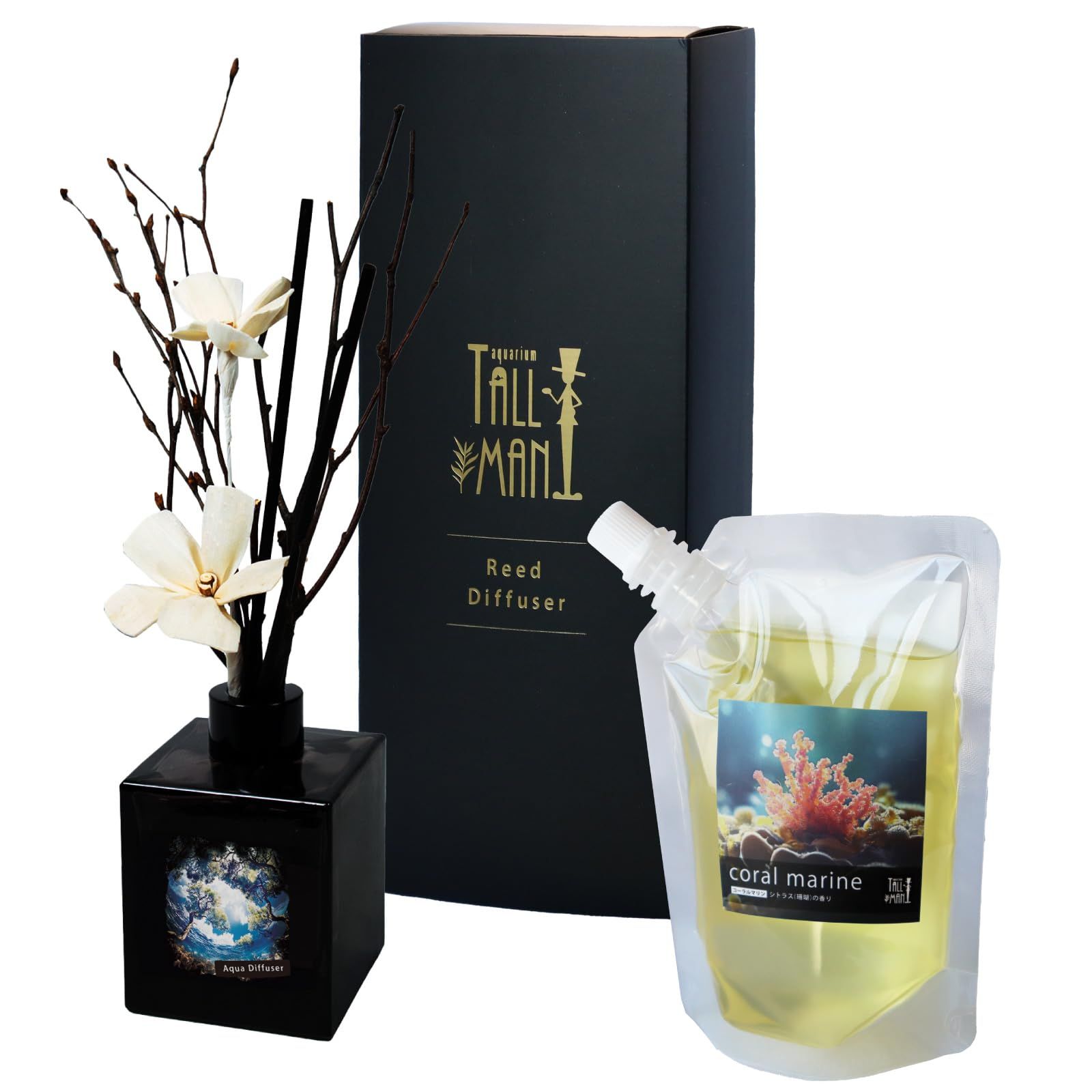 TALLMAN (トールマン) ルームフレグランス 200ml 約3カ月分 日本製 天然精油 リードディフューザー 芳香剤 スティック 天然枝付き アロマディフューザー ギフト ヒノキ アクアリウム (コーラルマリン)Y e82134b7