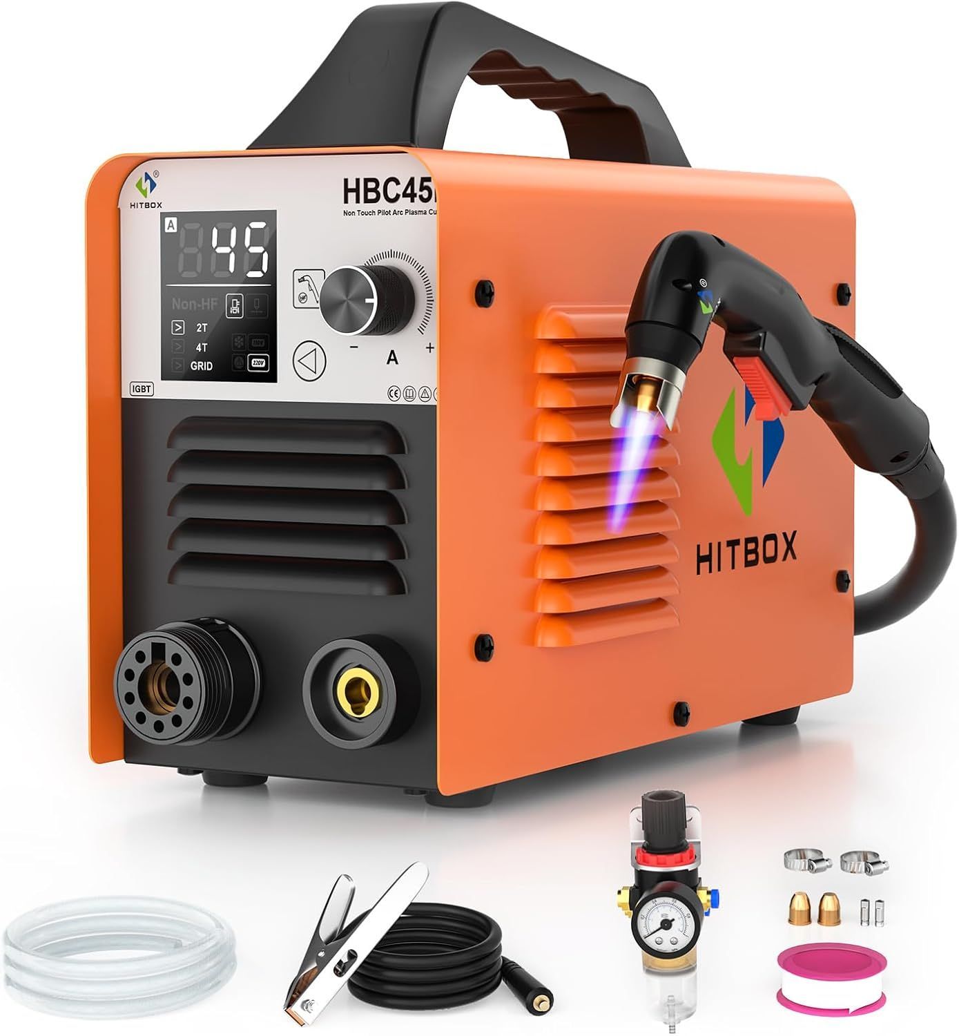 HBC45プラズマカッター 100V エアプラズマカッター 200V兼用 軽量 45Amp 非タッチパイロットアークインバーター プラズマ切断機 2T/4T 最大切断厚15mm 板金加工 金属部品切断 金属細工 車体改修 アルミニウム切断 自動車板金修理