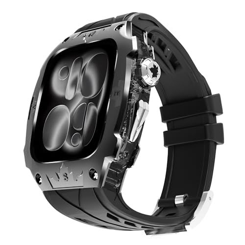Apple Watch Series 11 10 46mmバンド用高級メタルケースバー付き 高耐久 頑丈なケース シリコンストラップiwatch Series 10 46mmベルト男性用フル保護カバーp