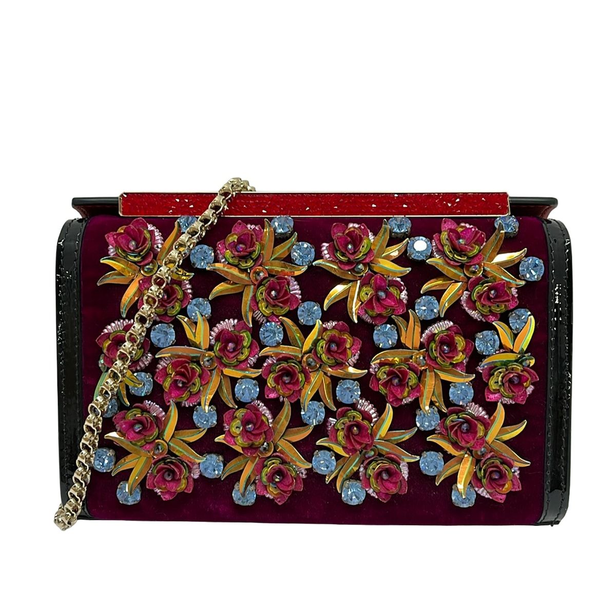 CHRISTIAN LOUBOUTIN(クリスチャンルブタン) ショルダーバッグ - ボルドー×黒×マルチ フラワー(花)/ビジュー/ミニバッグ レザー