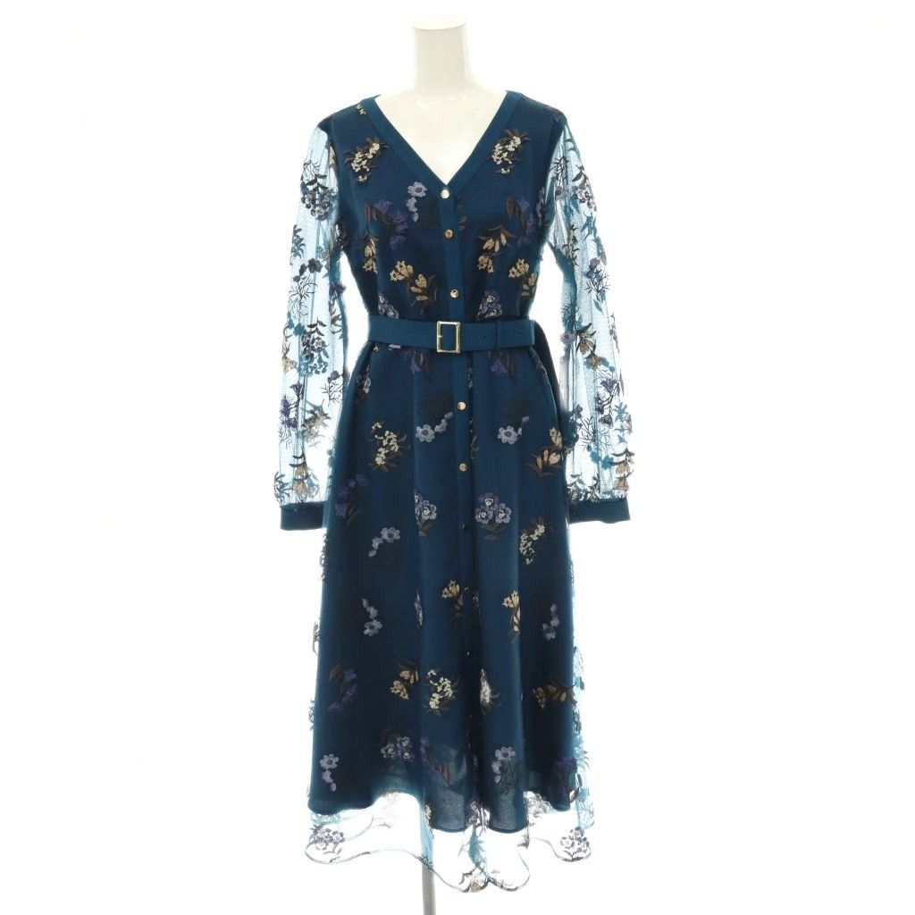 グレースコンチネンタル GRACE CONTINENTAL 24AW チュールフラワー刺繍ワンピース Vネック ロング 長袖 36 青 ブルー 0124431151 /HS ■OS