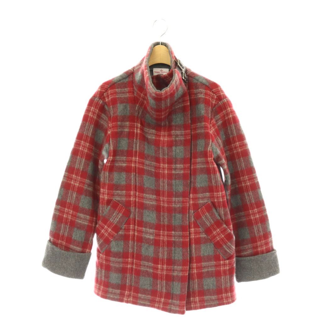ヴィヴィアンウエストウッドレッドレーベル Vivienne Westwood RED LABEL チェックコート スタンドカラー ジップアップ 2 レッド グレー /DO ■OS
