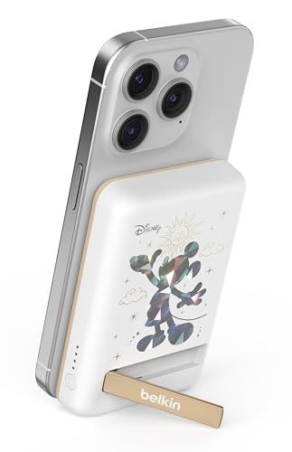 【スターミッキーマウス】Belkin MagSafe対応ワイヤレス 3C対応CCC 5000mAh(7.5W) iPhone 17,16?12 対応 パススルー充電対応 PSE認証 機内持込可能 充電用ケーブル同梱 2年 キックスタンド付き 82ea1075