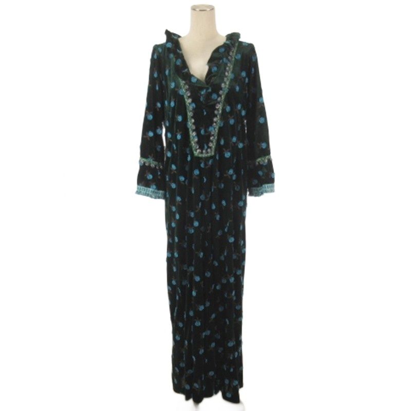 アナスイ ANNA SUI ベロア 花柄 ワンピース 長袖 ロング グリーン S ■GY74