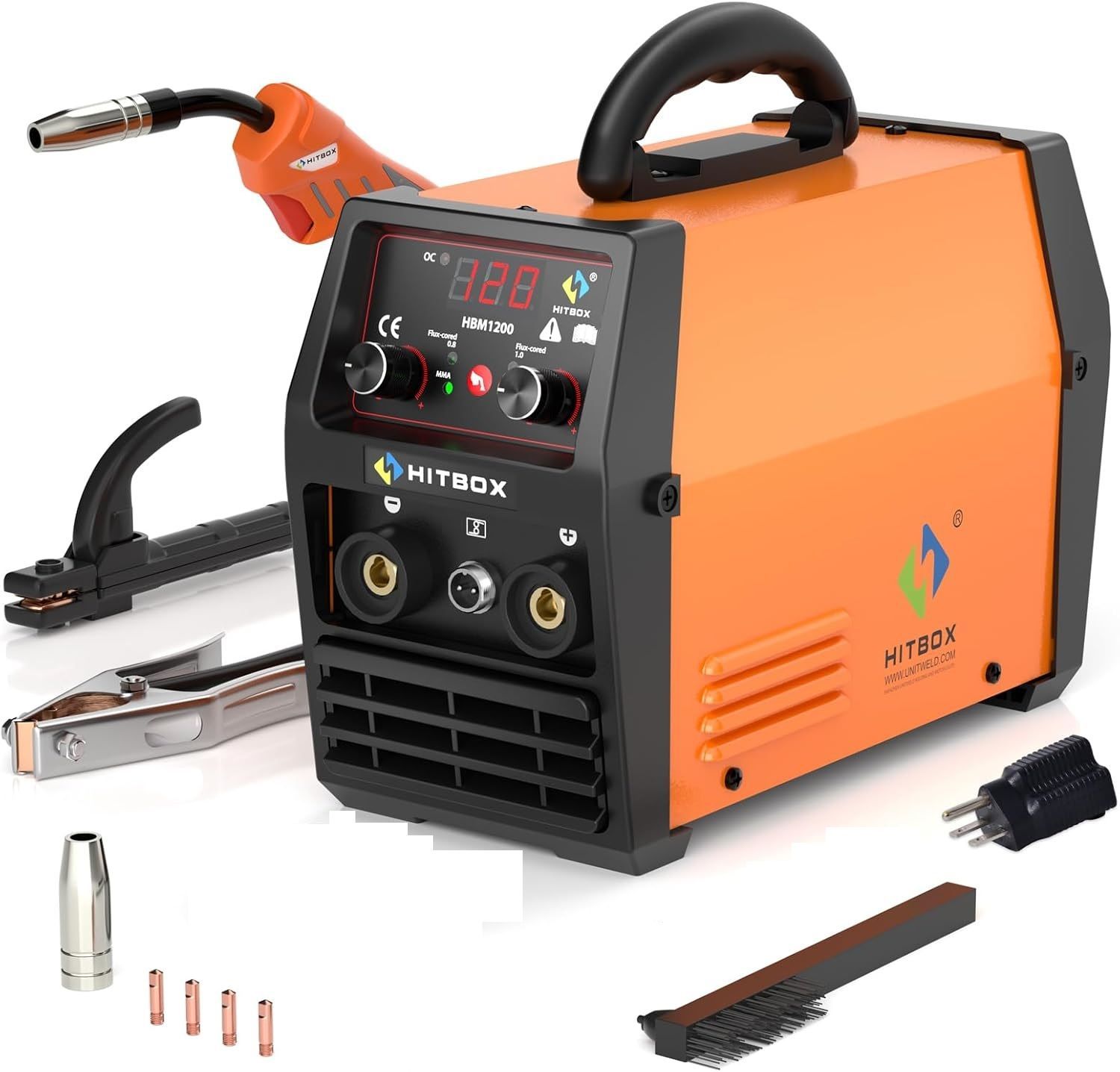 ジャンク品ショートHBM1200 半自動溶接機 100V/200V兼用 120A ノンガス・アーク溶接・LIFT TIG 3in1 インバーター直流 定格使用率40％ 液晶表示 MIG溶接 ARC溶接機 DIY 初心者向け 耐久性 簡単溶接 家庭用 溶接機
