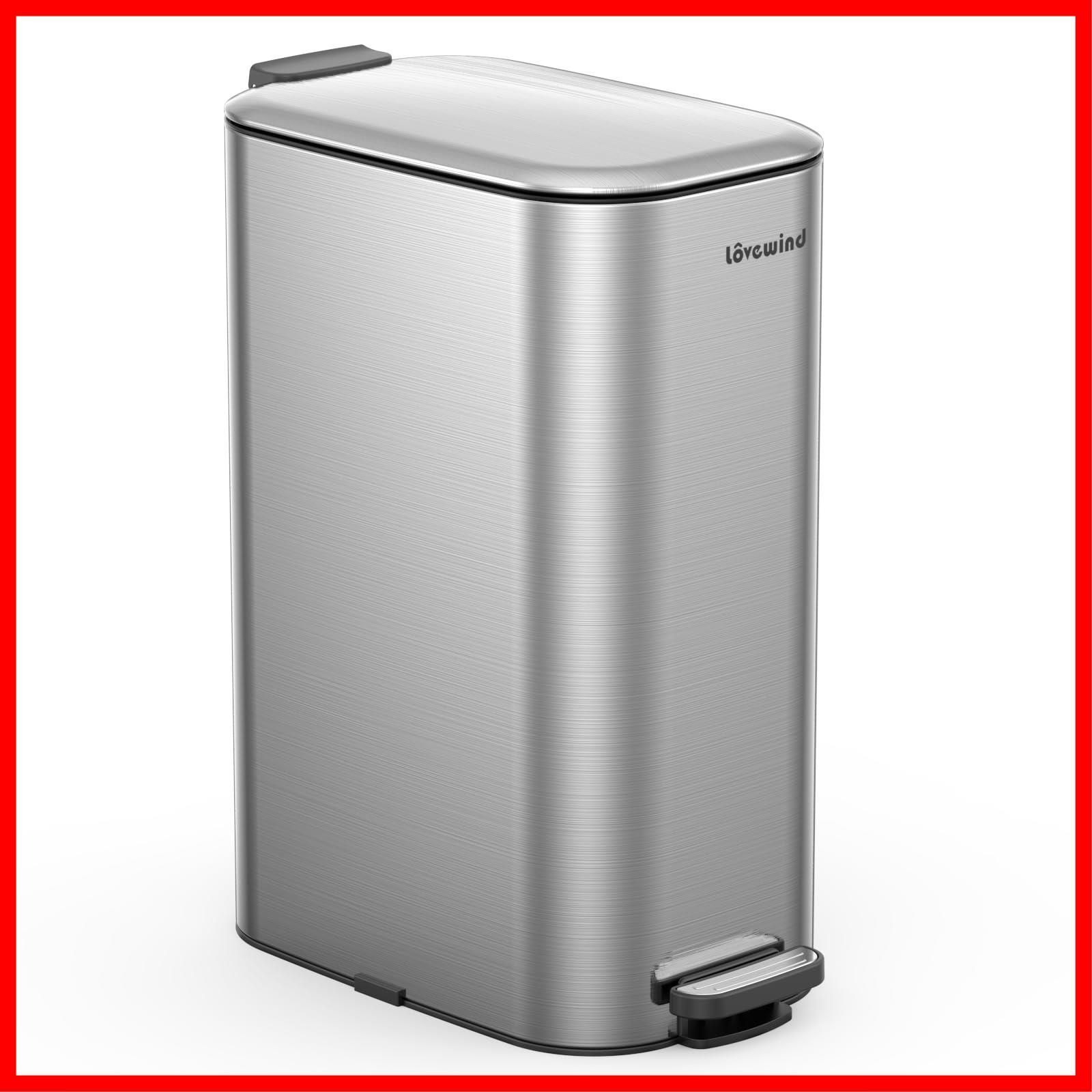 【即日発送】蓋付きキッチンゴミ箱、30L 細型足踏み式ゴミ箱 Lovewind キッチン、寝室、ホームオフィス用 、30リットル ステンレス製ゴミ箱 ソフトクローズ蓋付き、オーバル型、シルバー