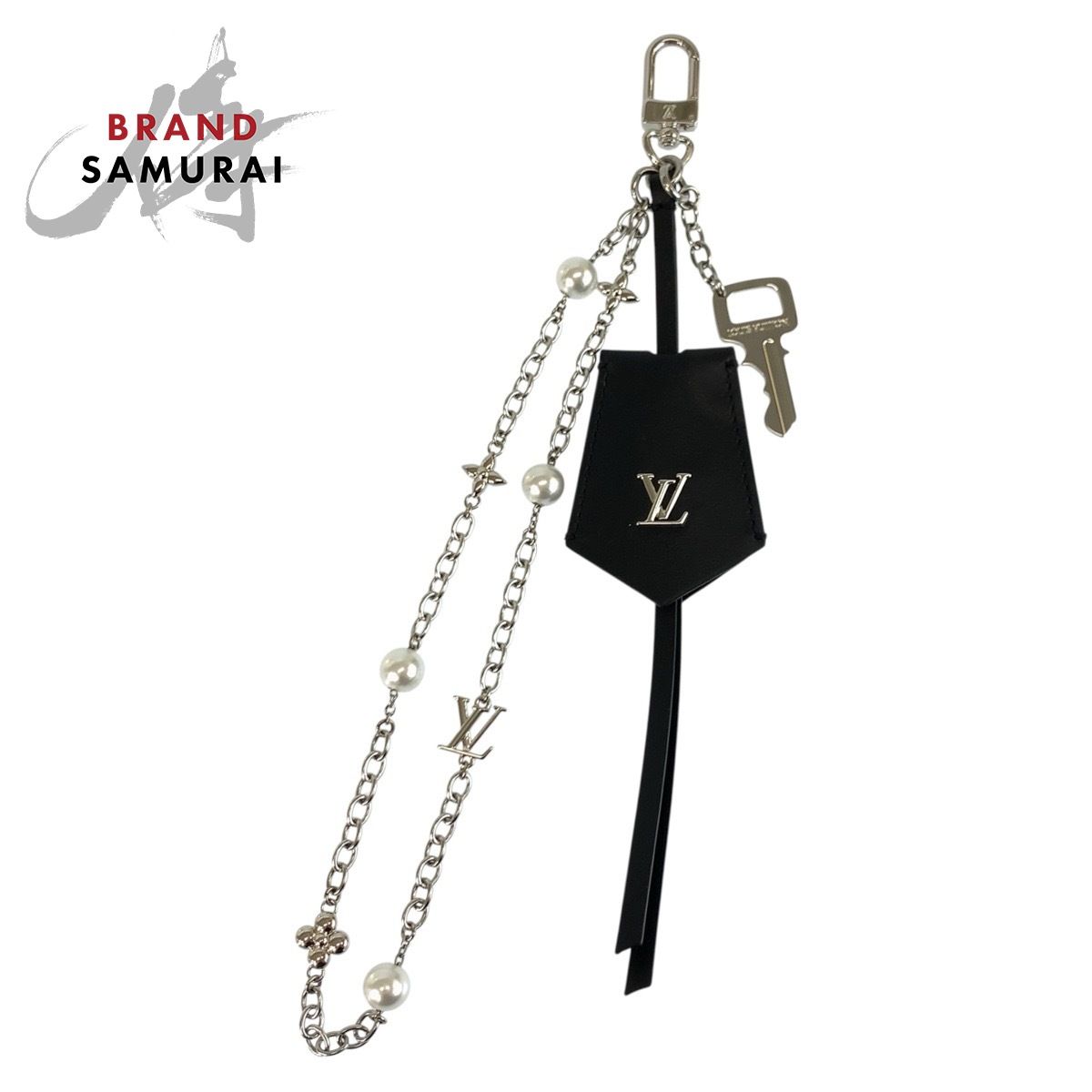 超美品 ルイヴィトン LVイニシャル ミッドナイトパールスタッキング ブラック シルバー レザー M02957 キーホルダー バッグチャーム 602686【中古】