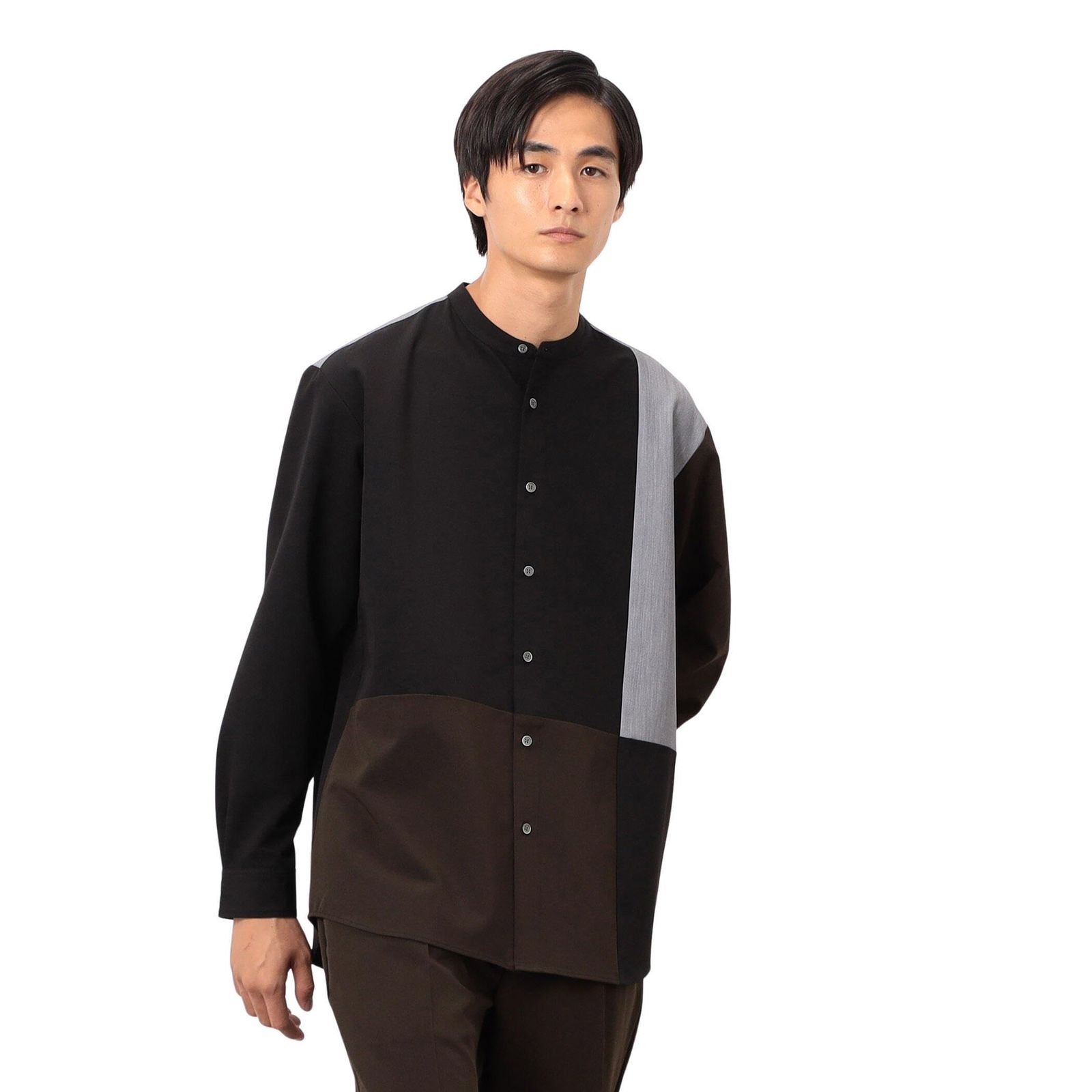 新品 [コムサイズム] ウールライク バンドカラーブロッキング 長袖シャツ 47-30IM04-205 ブラック L