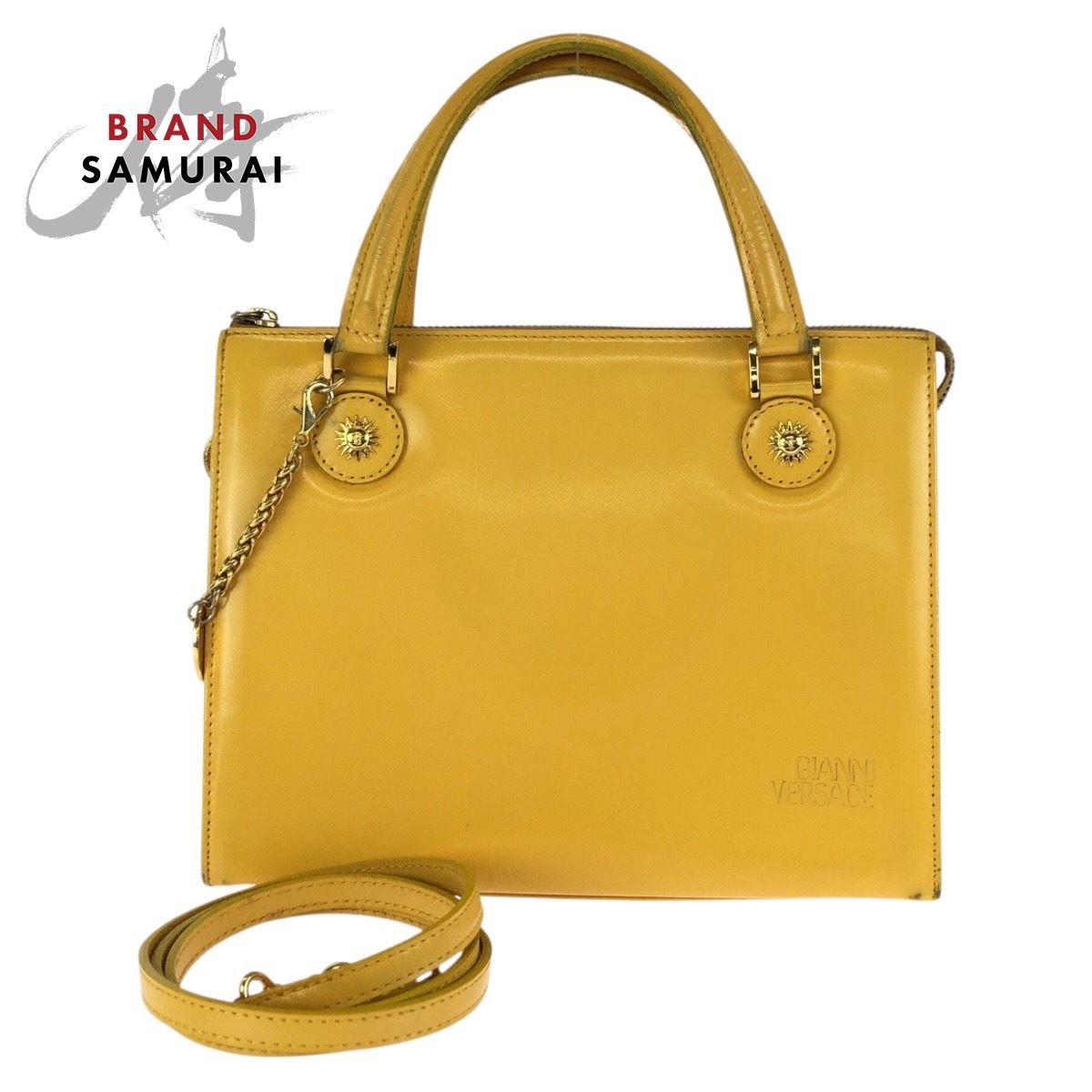 美品 VERSACE ヴェルサーチ ヴィンテージ サンバースト 2way イエロー ゴールド金具 レザー ハンドバッグ ショルダーバッグ 602466【中古】