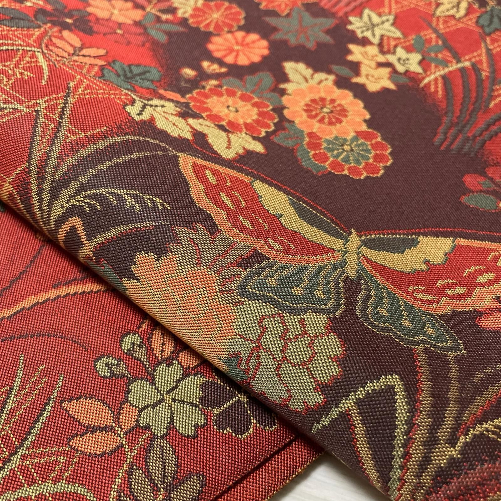 京袋帯 蝶に草花模様 正絹 着物 X-2200