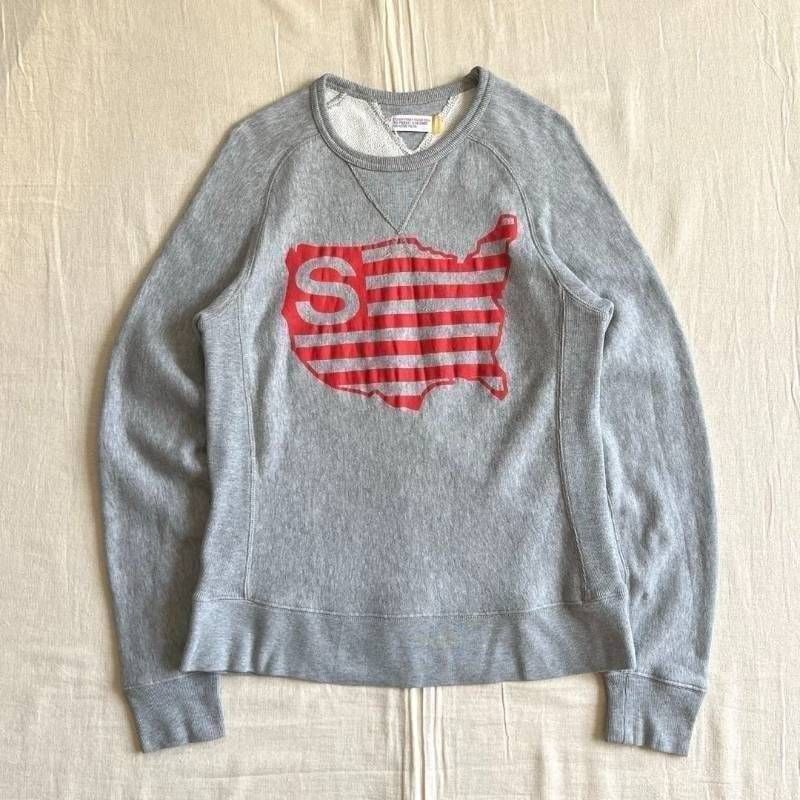 00s　archive　stussy　ステューシー　アメリカ地図グラフィック　Ｓロゴ　両Ｖガゼット　ラグランスウェット　トレーナー　サイドリブ編み　袖口ロゴタグ　霜降りグレー　S　ストリート　Y2K　アメカジ　america logo sweat shirt