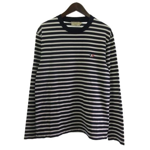 メゾンキツネ MAISON KITSUNE Tシャツ カットソー トリコロール ワンポイント 長袖 ボーダー ネイビー ホワイト M