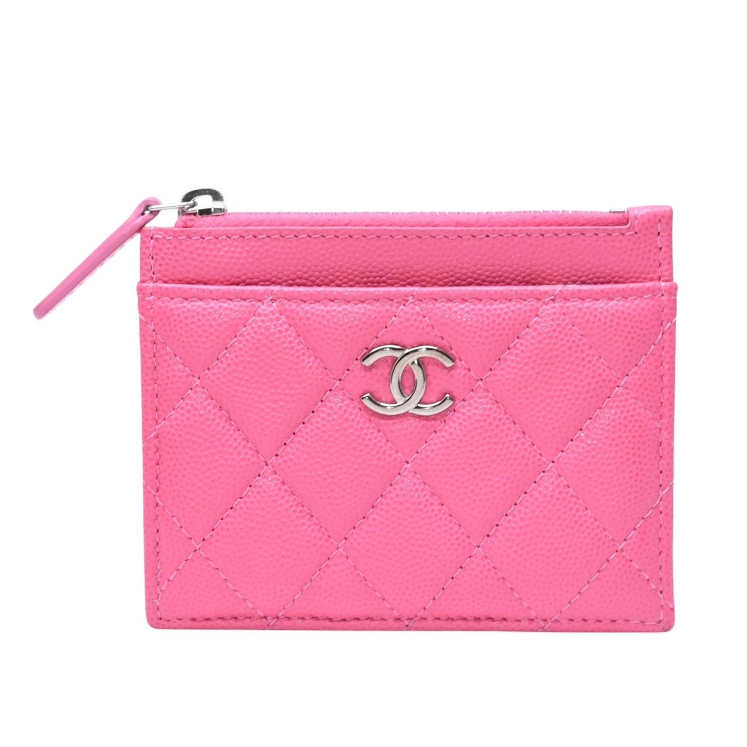 新品同様 CHANEL シャネル クラシックジップカードケース 30番台 マトラッセ キャビアスキン ピンク ココマーク CCマーク メタル シルバー 中古 4a002770