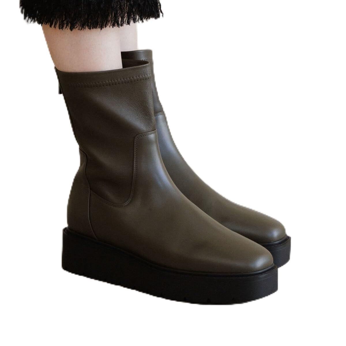 新品 やわらかい 本革 ストレッチレザー クッション 厚底 HIMIKO ヒミコ 卑弥呼 プラットフォームストレッチブーツ 651421 カーキ 235