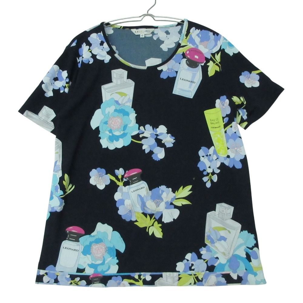 LEONARD レオナール カットソー パルファム柄 花柄 半袖 オブロングネック ネイビー 42【XL】 レディース 【中古】
