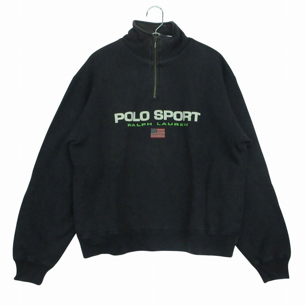 POLO SPORTS ポロスポーツ RALPH LAUREN ラルフローレン スウェット ロゴプリント ハーフジップ スウェット長袖 プルオーバートップス ブラック M メンズ 【中古】