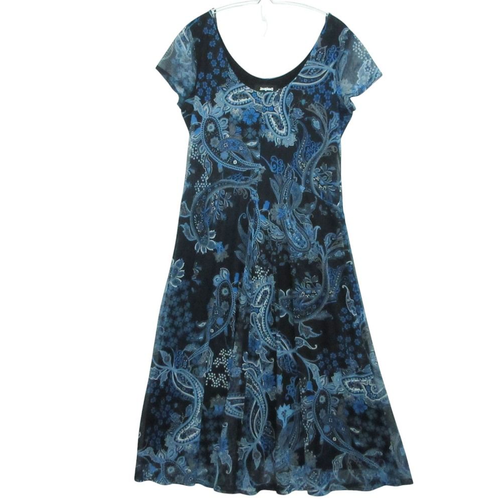 美品 Desigual デジグアル ワンピース ドレス 半袖 メッシュ パワーネット ナイロン 21SWVKAI ネイビー XL レディース 【中古】