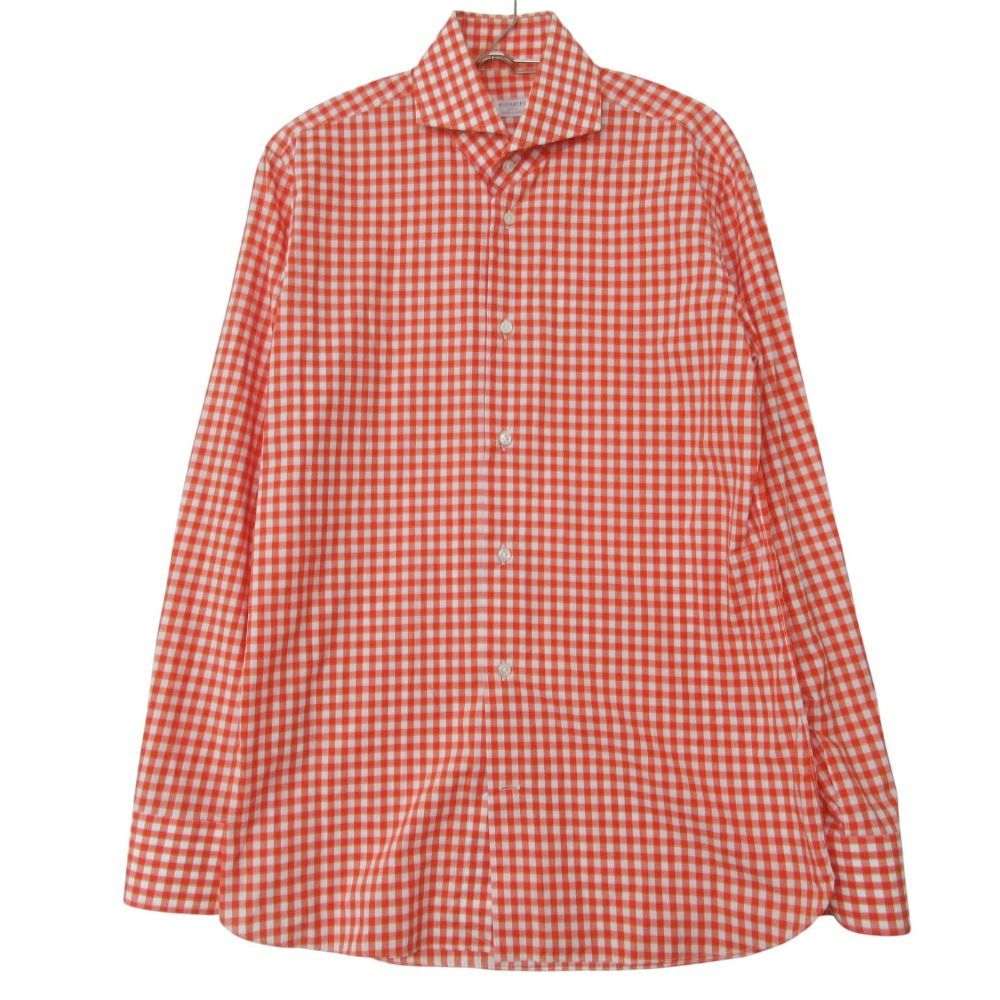 BORRIELLO ボリエッロ 長袖シャツ チェック トップス コットン ホリゾンタルカラー オレンジ M メンズ レディース 【中古】