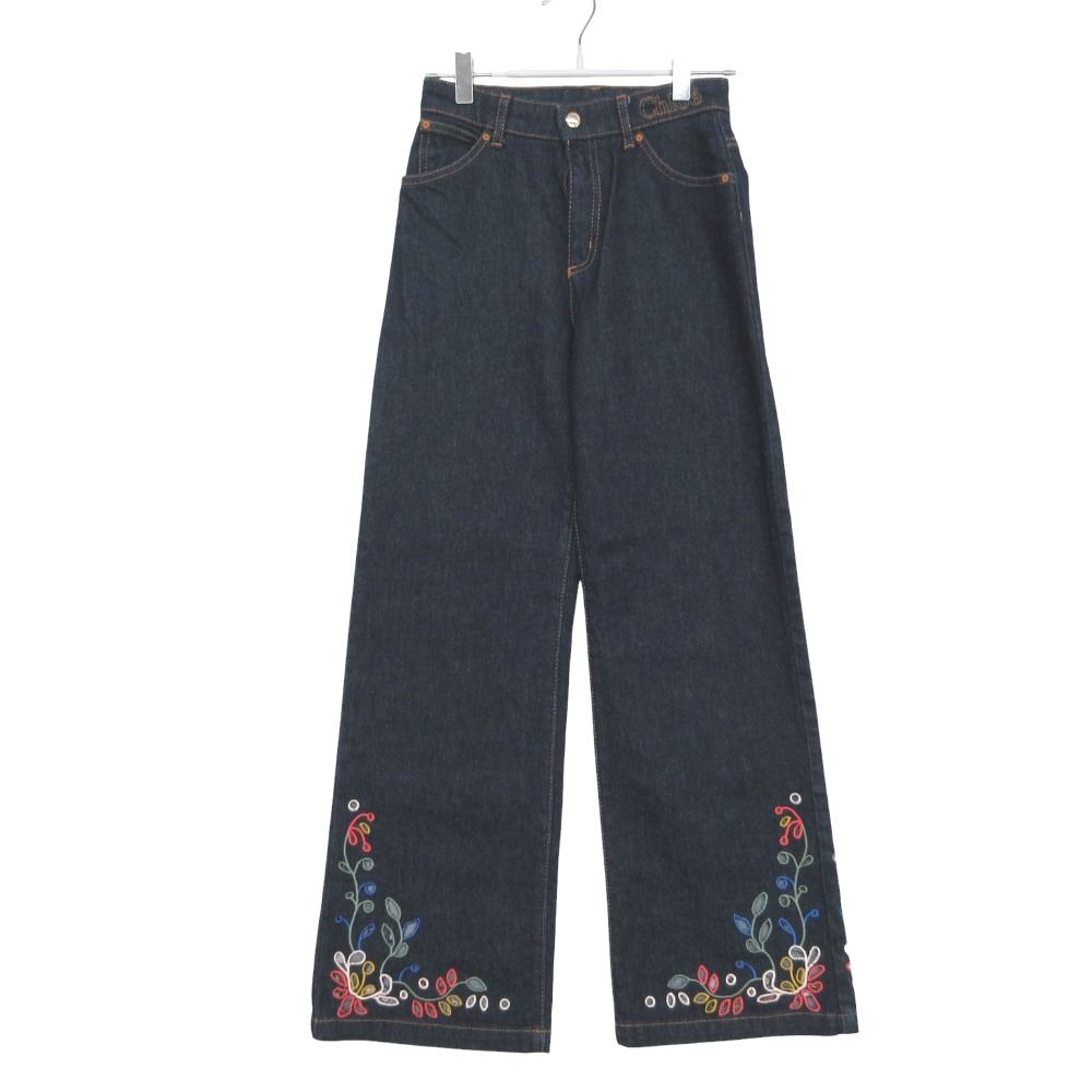 美品 Chloe クロエ ロゴ フラワー刺繡 デニムパンツ ジーンズ ボトムス ワイド キッズ ネイビー 12 150cm 【中古】