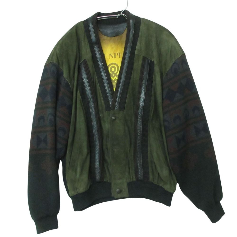 Vintage MUNPER ムンペル ブルゾン レザー ジャケット 革ジャン ニット 切替 アウター グリーン メンズ 【中古】