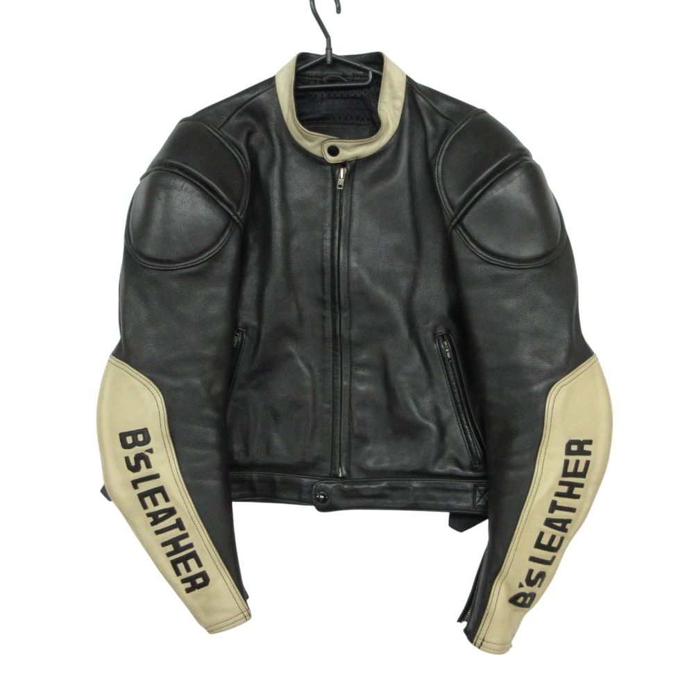 B's leather バイカーズレザー ライダースジャケット メッシュ 肩パット プロテクター付 牛革 レザー バイクウエア ロゴプリント ブラック×ベージュ 3 メンズ 【中古】