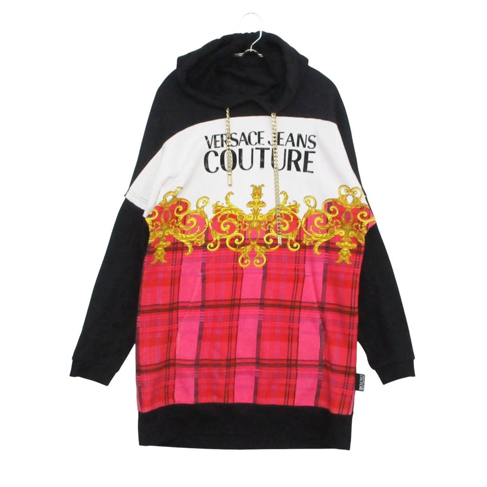 VERSUS VERSACE ヴァルサス・ヴェルサーチ COUTURE パーカー ワンピース チェック柄 ロゴプリント チェーン カット加工 フーディ ブラック S レディース 【中古】